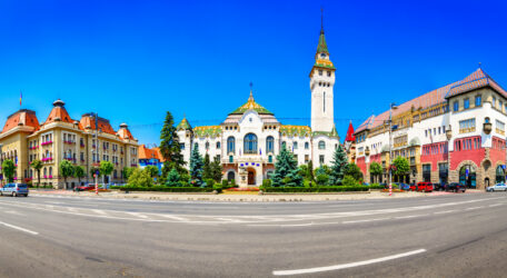 Targu-Mures, Romania, Europe. Street view of the Administrative palace and the Culture palace, landmark